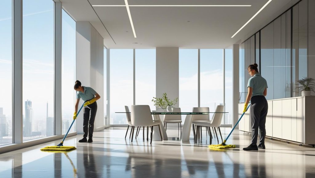 kantor modern bergaya kekinian dan petugas kebersihan